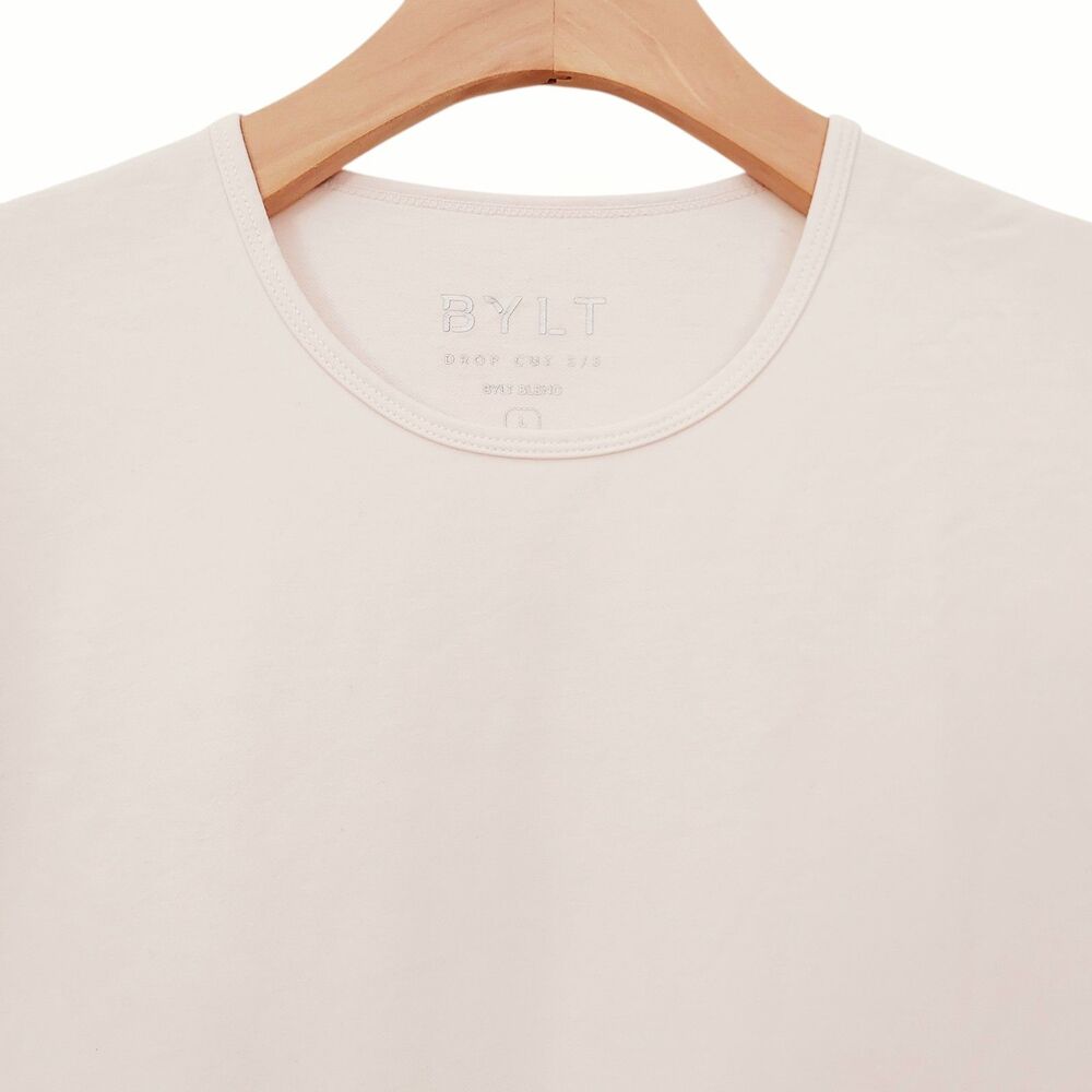 BYLT Basics Drop Cut T-Shirt Mens Large Beige Short Sleeve Curvy Hem Athleisure - Picture 2 of 10